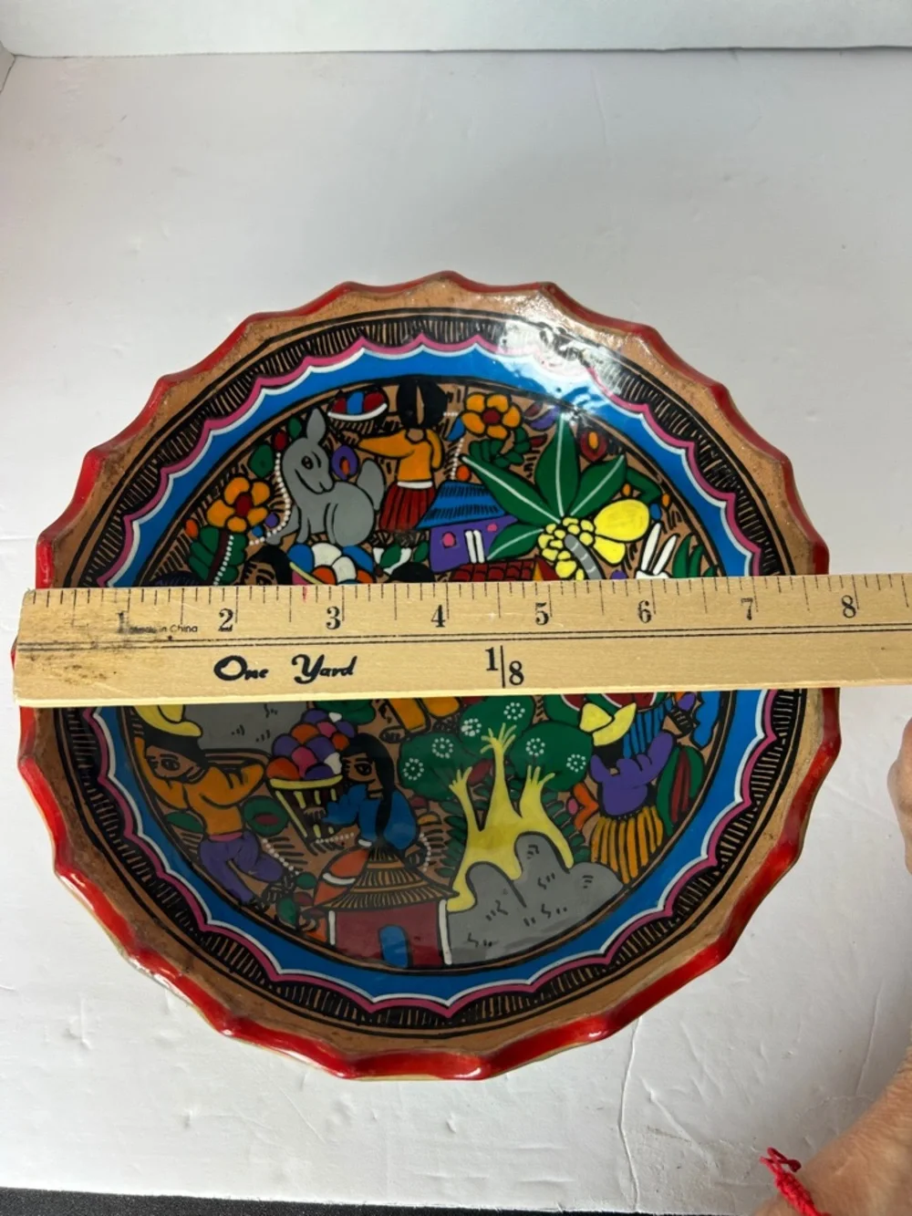 Vtg Mexican Folk Art Pottery Story Bowl Village Harvest Scene Colorful